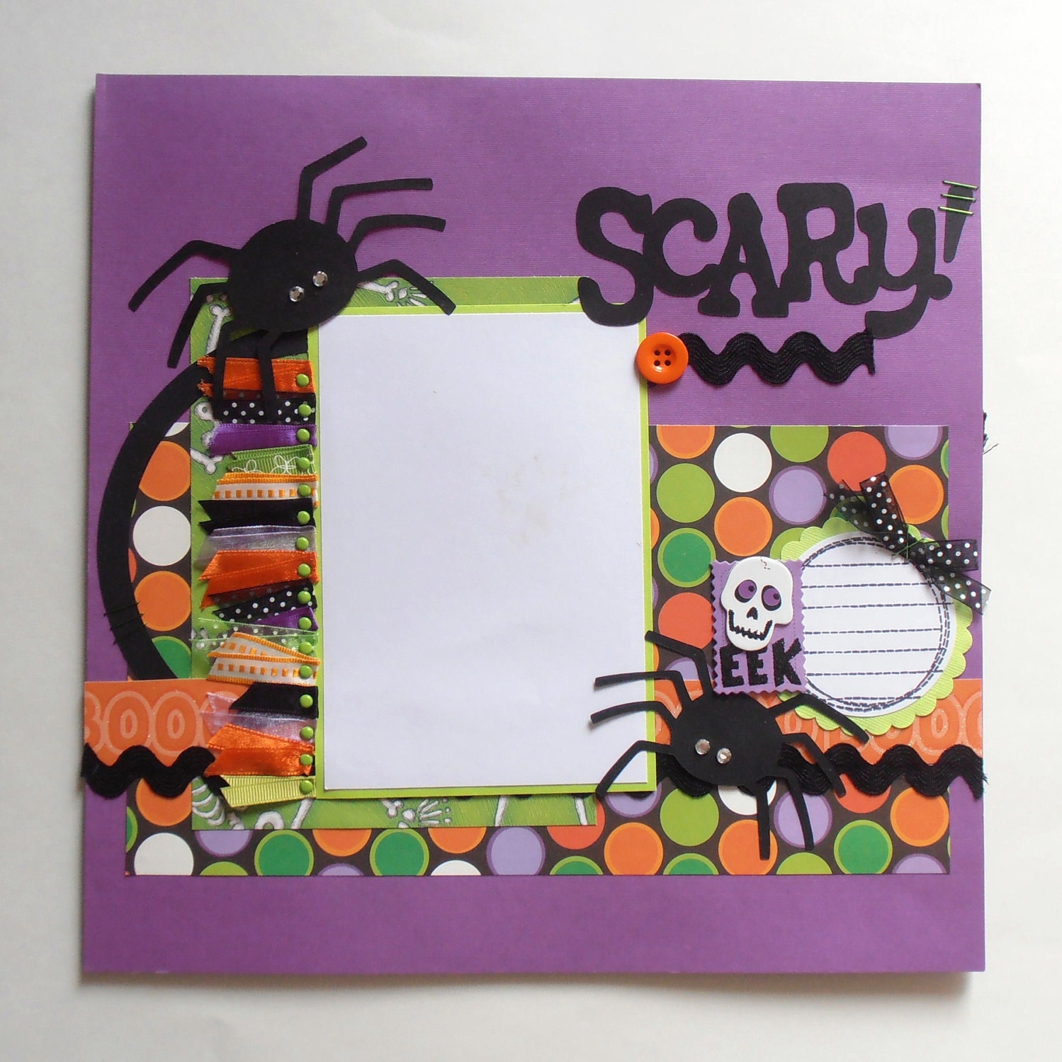 12x12 Premade Scrapbook Pages Kids Halloween 2 Page Spread Scary Spiders Purple Orange Green