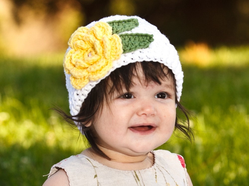 Crochet Baby Hat Beanie with Yellow Flower and Green Leaves - Baby Toddler Children