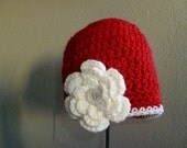 Red Beanie Hat  with Cream Flower -  Newborn Infant/Toddler/Children Sizes Available