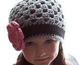 Girls Grey and Black Crochet Beanie Hat with Pink Flower - Baby Toddler Children