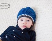 Boys Blue Beanie Winter Hat with White and Grey Stripes - Baby Toddler Children
