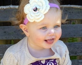 Pink Headband with White Flower and Owl Button - Available in All Sizes, Owl Headband