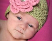 Newborn Green Crochet Hat Beanie with Pink  Flower/Rhinestone Button - Infant/Toddler/Children Sizes Available