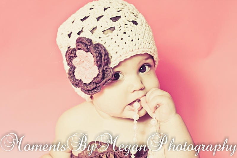 Baby Hat in Cream with Brown and Pink Flower Crochet  - Newborn/Toddler/Children, photo prop, Beanie