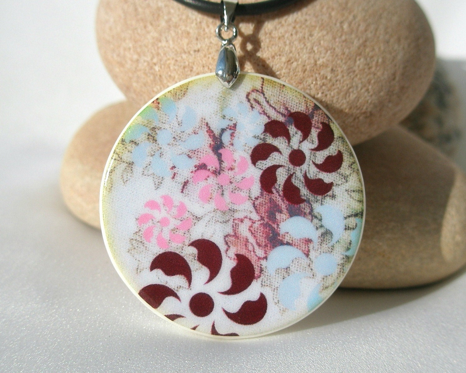 Abstract Vintage Vector Flowery Patter, Polymer Clay Necklace