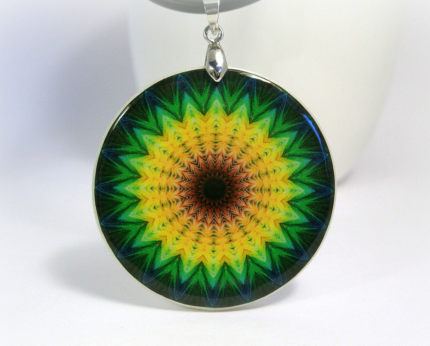 Yellow Green Abstract Flower Ornament Necklace, Polymer Clay