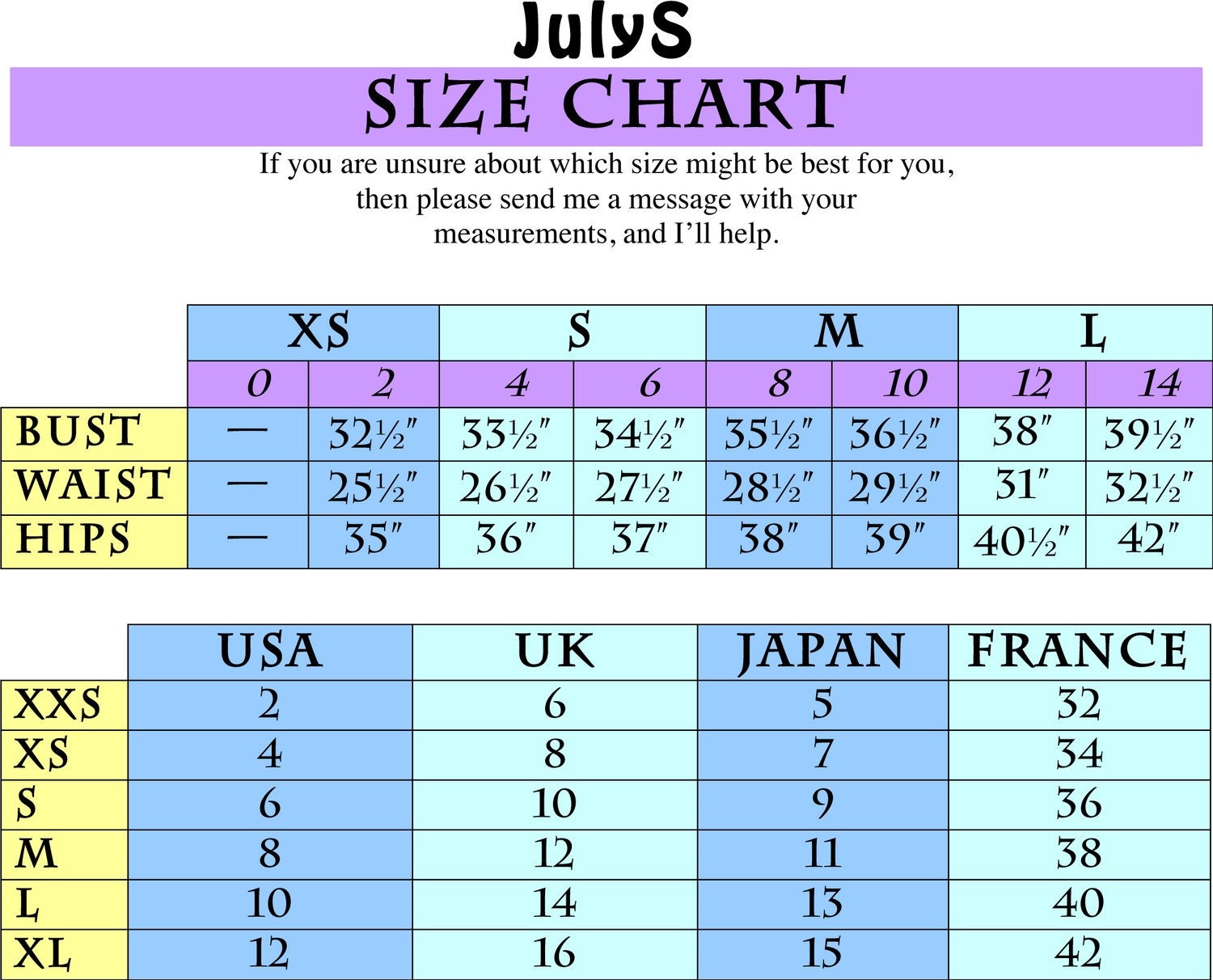 JulyS Size Chart JS