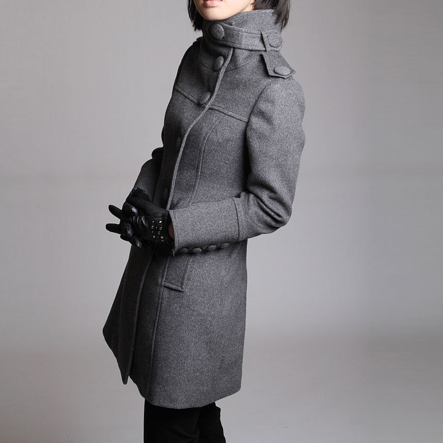 Winter Gray coat/ grey overcoat with long sleeves/ maxi coat with oversize button and pockets 70% wool,Size XS,S,M,L (J080) - JulyS