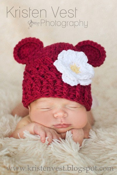 Baby Girl Hat, 0 to 3 Months Baby Girl Hat, Girl Monkey Hat, Handmade Baby Hat, Burgundy with White, Yellow Flower. Photo Props. Baby Gift.