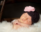 Baby Girl Hat, 3 to 6 Months Baby Girl Flapper Hat, Brown with Baby Pink flower. Great for Baby Photo Props. Baby Shower Gift.