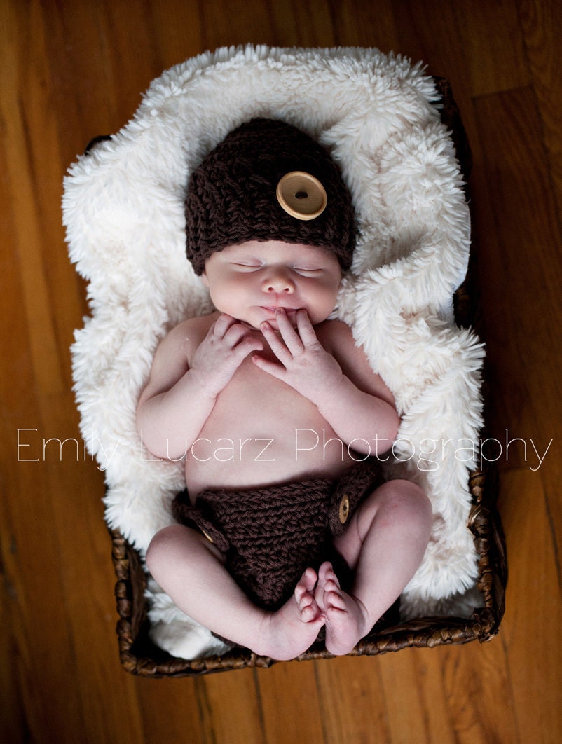 Baby Boy SET, 0 to 3 Months Baby Boy Flapper Hat and Diaper Cover, Brown with Wooden Button Hat, and Diaper Cover. Great for Photo Shoots.
