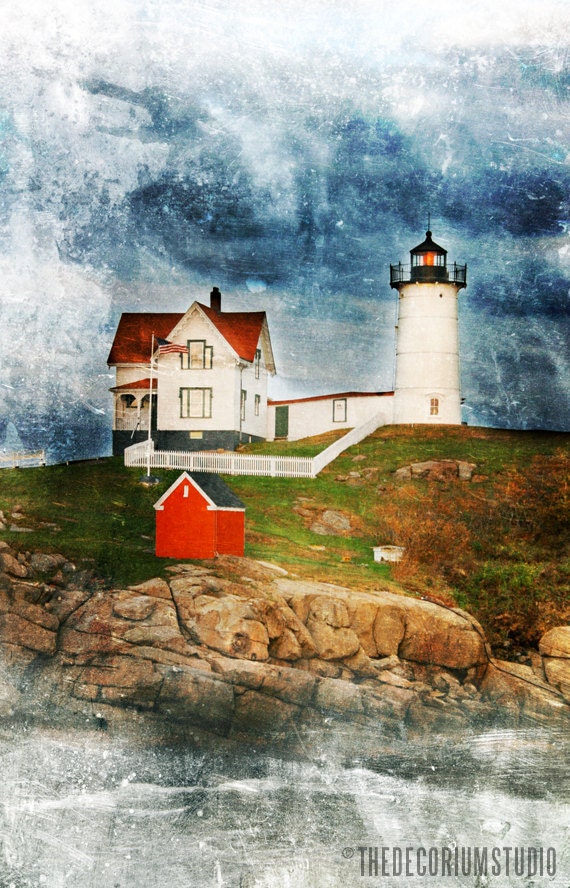 LIGHTHOUSE ISLAND fine art Nautical Shabby Chic beach decor Travel Photography print in blue grey red and green of gothic New England 11x17