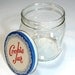 vintage COOKIE JAR brockway glass square storage canister  - blue metal lid with white lace doily red script - so charming
