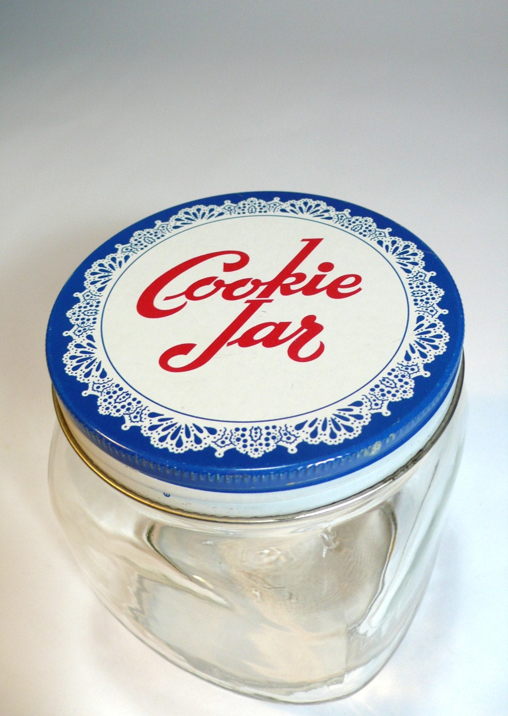 vintage COOKIE JAR brockway glass square storage canister  - blue metal lid with white lace doily red script - so charming