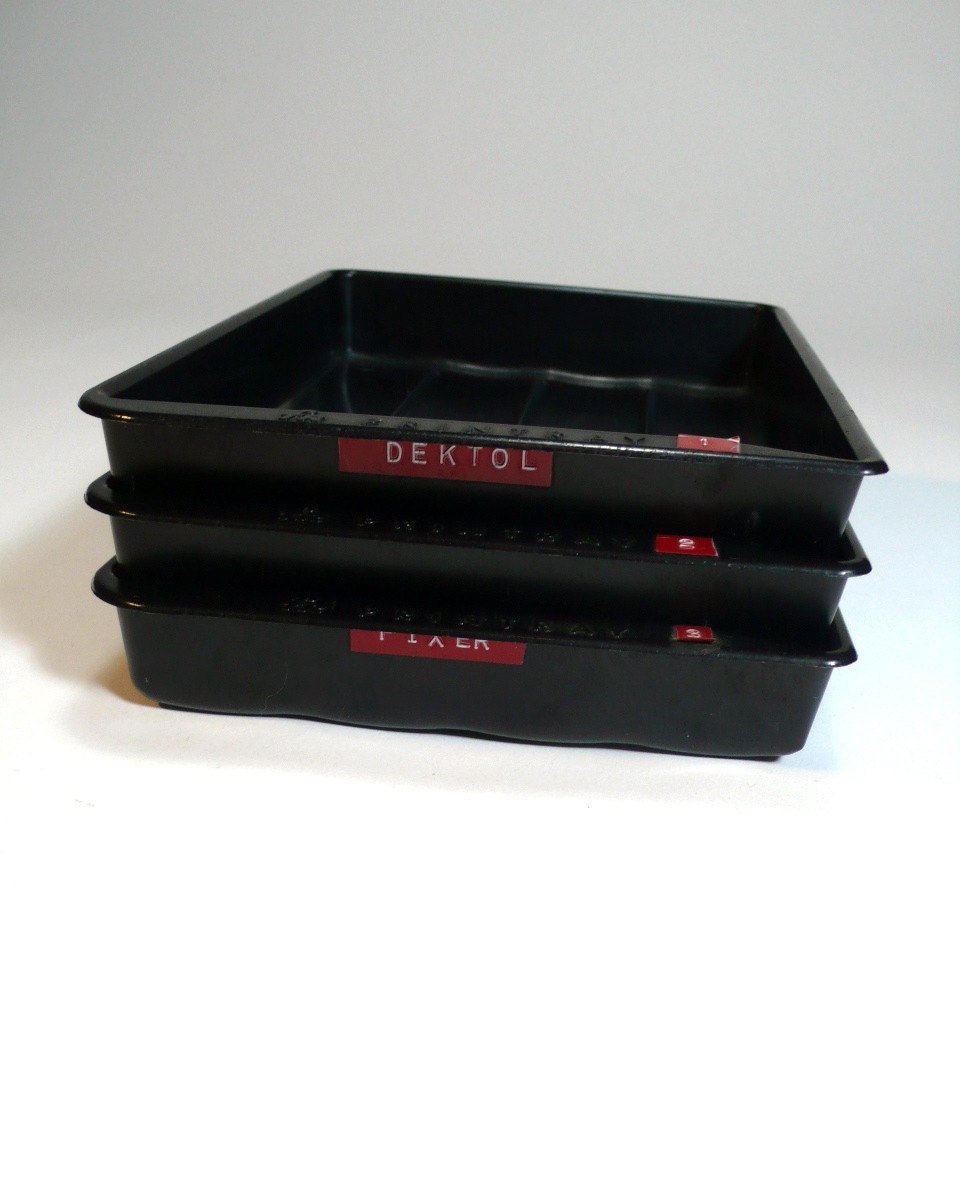vintage photo DEVELOPING TRAY SET - darkroom photography lab print - 3 black trays - photographer tool developing - so industrial