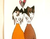 Wall decor. Sunny Spring colors. People in love 5.8 x 8.25 giclee print on satin matt paper.