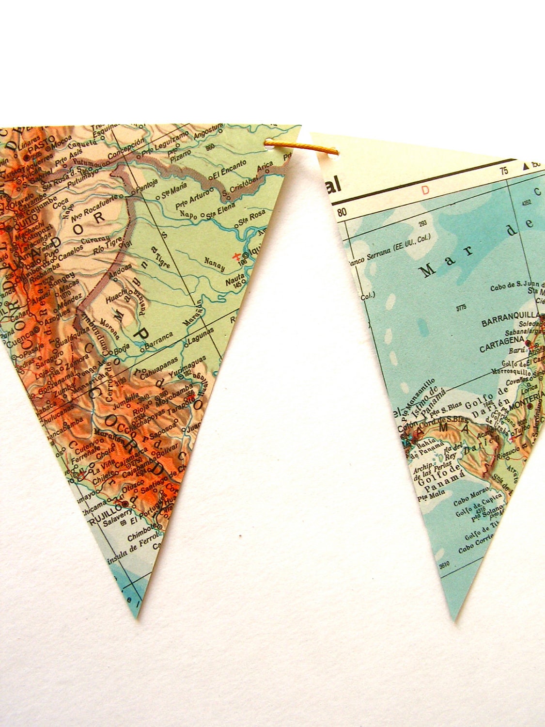 Recycled vintage map bunting or garland. Shabby chic home decor. Bookshelf accent.