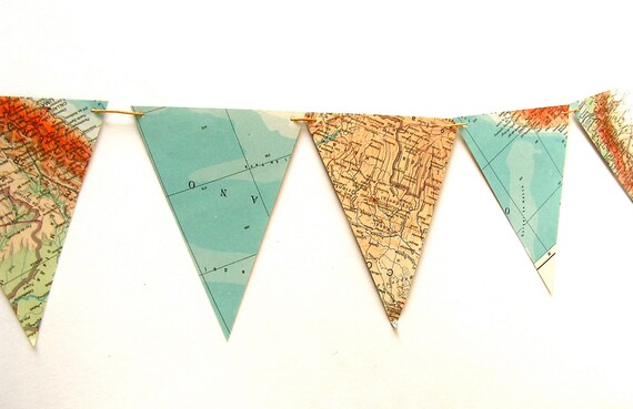 Recycled vintage map bunting or garland. Shabby chic home decor. Bookshelf accent.