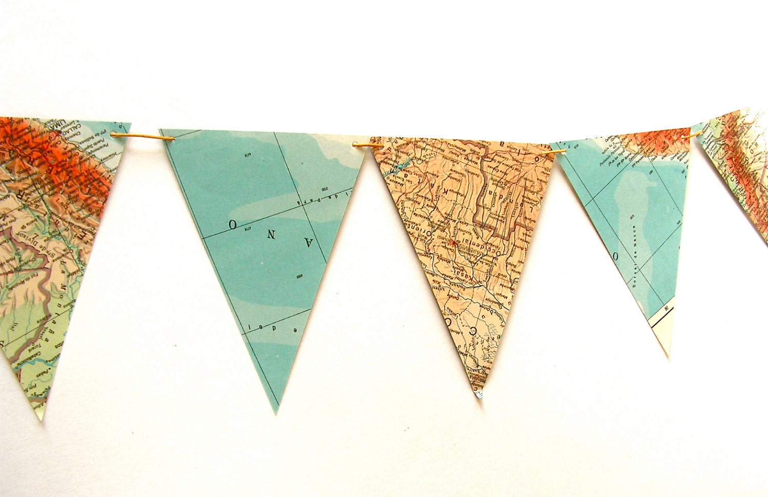 Recycled vintage map bunting or garland. Shabby chic home decor. Bookshelf accent.