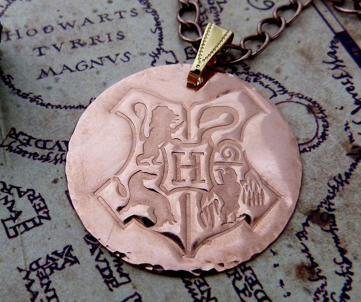 Harry Potter inspired - Hogwarts Crest - Hand Stamped Copper Necklace