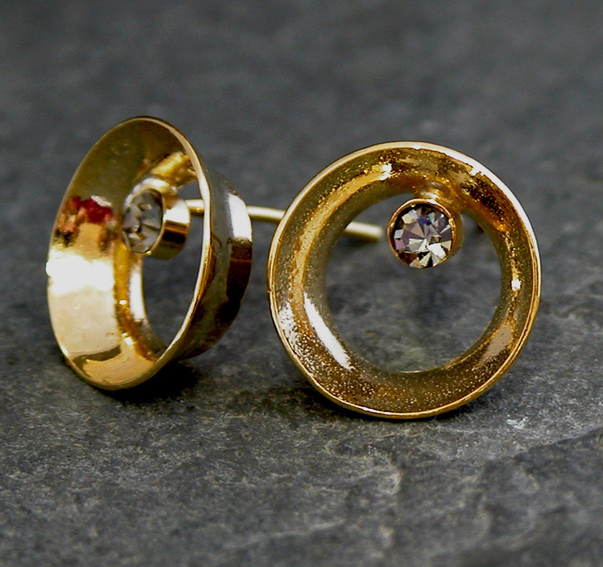 Gold Stud Earrings , Gold Hollow Round Stud Earrings with Smoky diamond