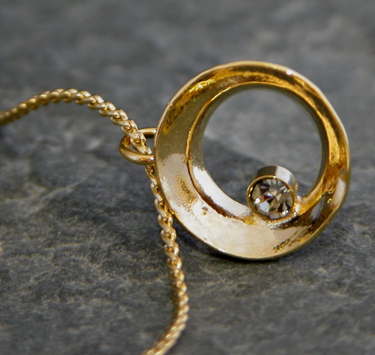 Gold Diamond Necklace , Gold Hollow Round Pendant with Smoky Diamond