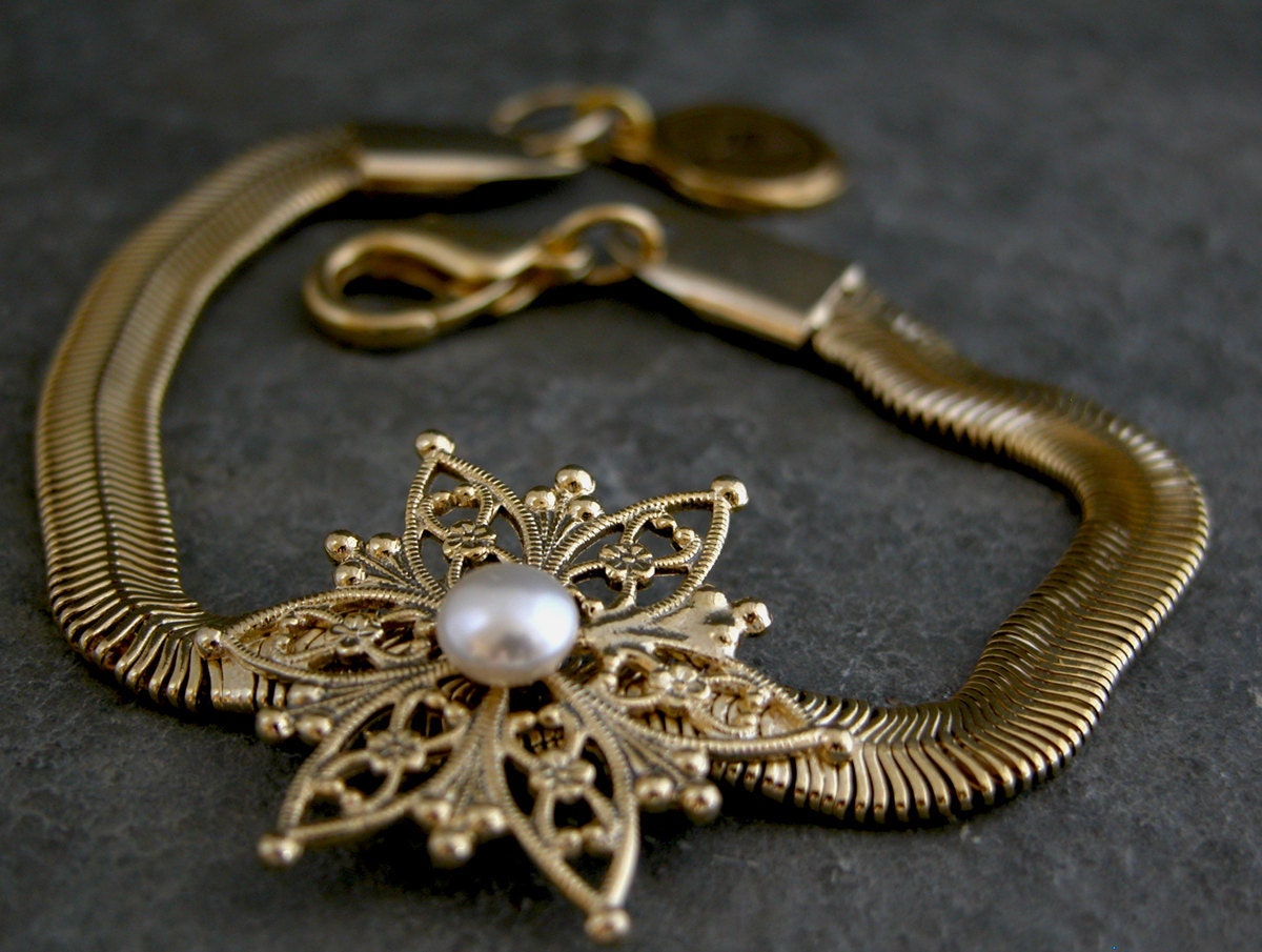 Gold Bracelet, Gold Filigree Flower Bracelet ,Wedding Gold Bracelet, Bridal Pearl Bracelet ,Wedding Bracelet ,Flower Bracelet