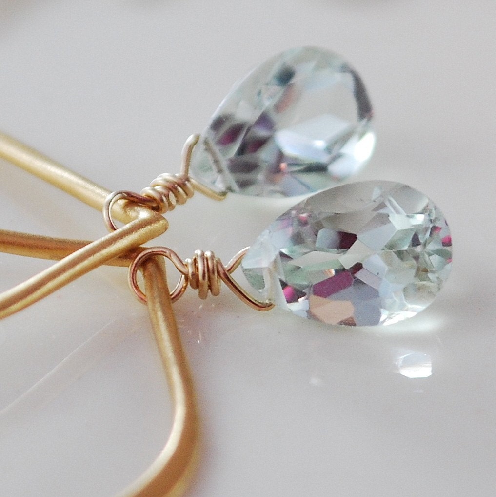 Green Amethyst Earrings Genuine Mint Prasiolite AAA Semiprecious Gemstone Hoops Wire Wrapped Gold Jewelry Complimentary Shipping
