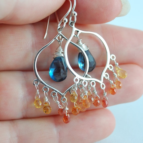 Gemstone Earrings Chandelier London Blue Topaz Tangerine Sapphire Genuine Sterling Jewelry Complimentary Shipping