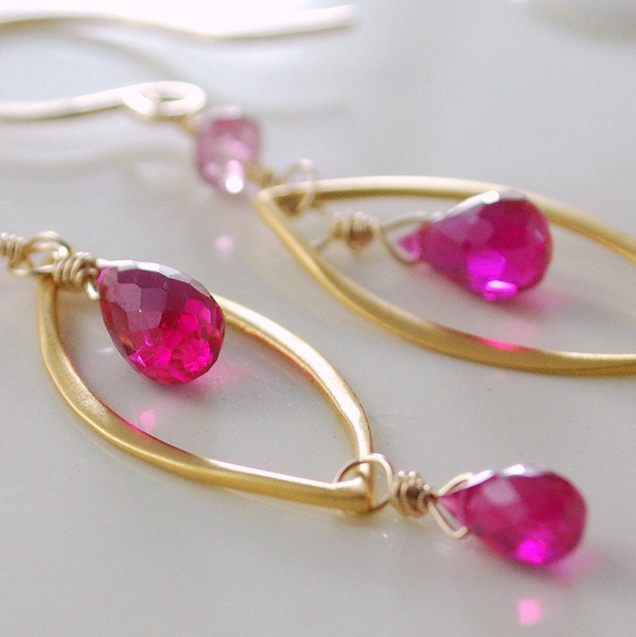 Hot Pink Tourmaline Earrings Fuchsia Semiprecious Gemstone Marquise AAA Wire Wrapped Gold Jewelry Complimentary Shipping