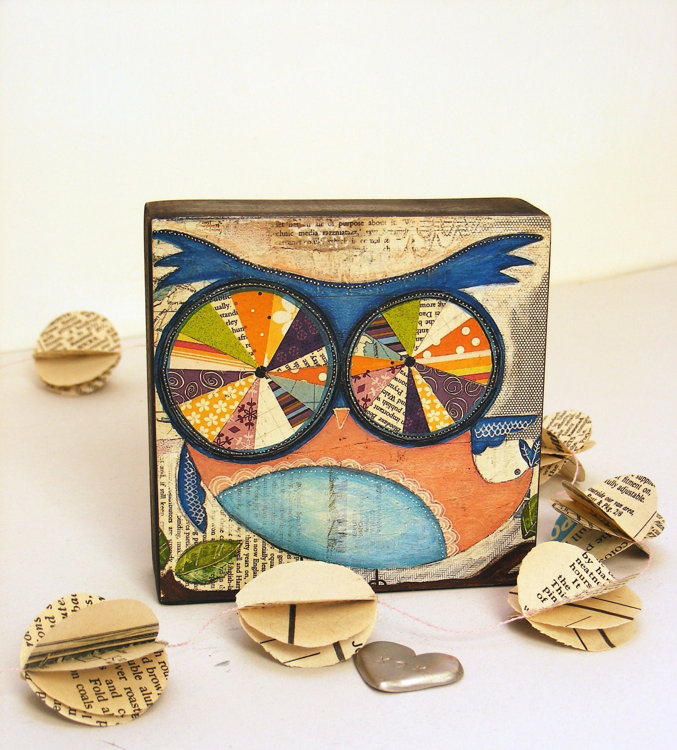 mini print on block - owl -  with love affirmation - mixed media