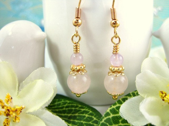 Pink rose quartz melon drop earrings