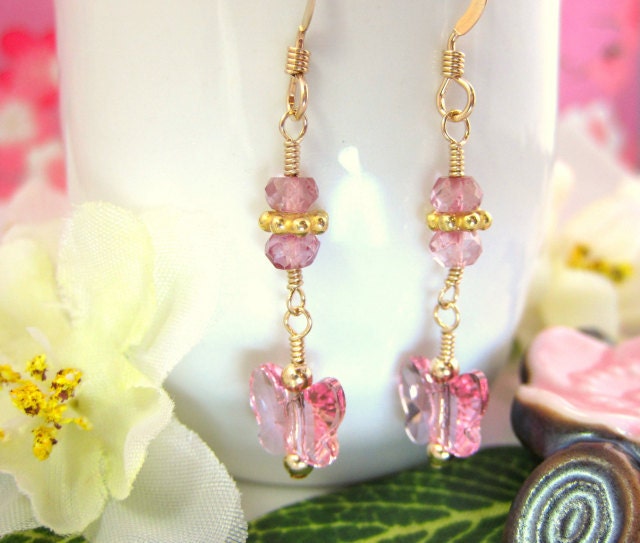 Pink Swarovski butterfly crystal dangle earrings