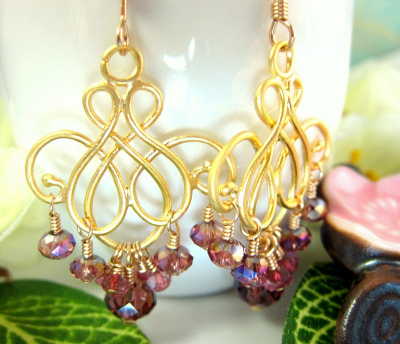 Burgundy crystal gold chandelier earrings