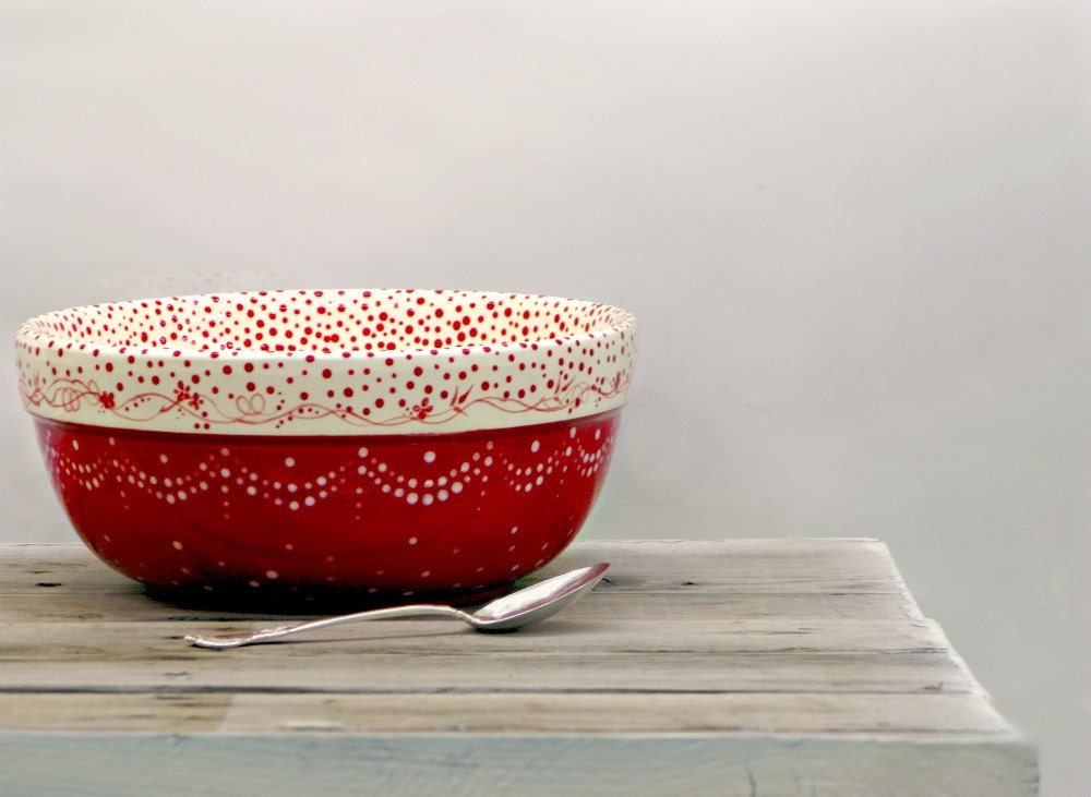 Red and White and Lovely All Over Vintage Style Bowl.. I am Taking orders