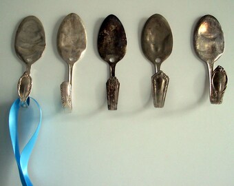 Set of 2 Spoon Wall Hooks, Vintage Silverplate
