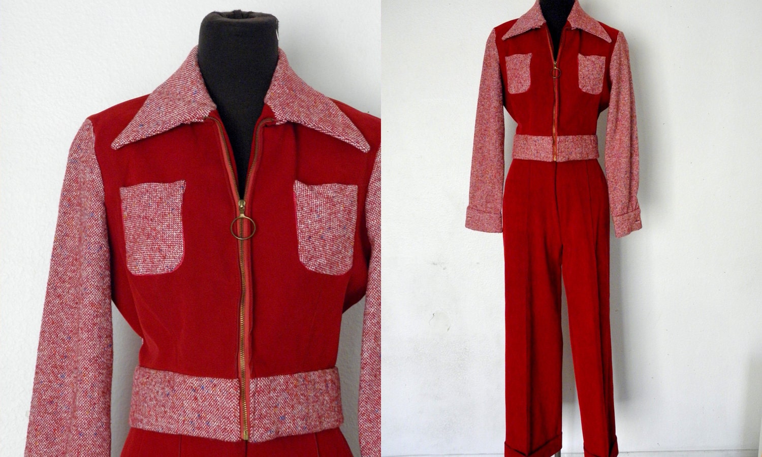 1970's/ 1960's Vintage Red Hitch-hiker USA Suit with High Waist Flares and Jacket