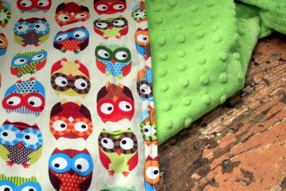 Gender Neutral Minky Baby Blanket - Bright Owls and Lime Green Minky - Personalization Options Available - Made to Order