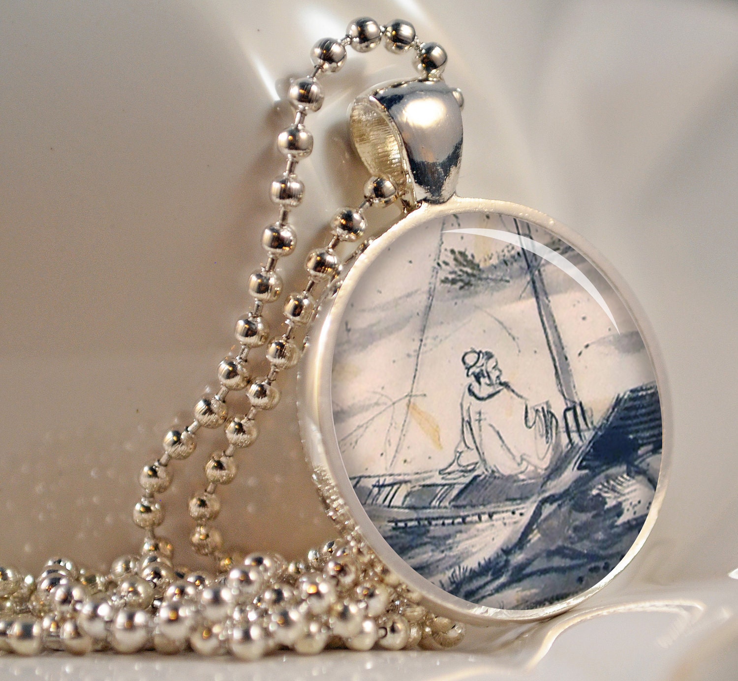 Vintage Japanese Handpainted Fisherman Resin Pendant Picture Pendant Photo Pendant Resin Picture Pendant C167S