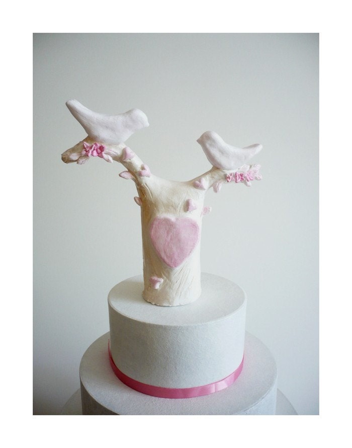 Ready to Ship - Wedding Cake Topper Love Birds on a Tree - Handmade by oenopia