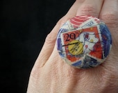 Red & Blue - Adjustable Ring - Collage vintage postage stamps - Ready to Ship - OOAK