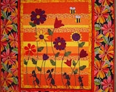 PATTERN PDF Bright Quilt Flowers and Ants- Bees - Tiptoe Thru Carmens Garden- Wall Art