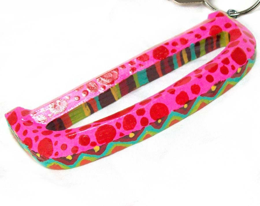 Back to School letter D monogram keychain fob- handpainted patterns in pink, red, lime, and brown - Great for dorms