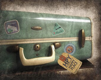 Going to My Happy Place - Vintage Style Original Photo 8x10 - Sweet Cottage Shabby Chic Samsonite Luggage Textured Distressed Home Decor