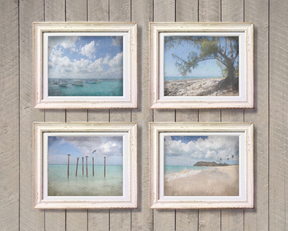 Coral Beach Set - Four 8x10 Photographs - Cottage Decor Instant Collection Textured Distressed Wall Art