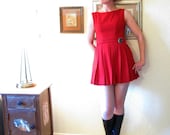 Vintage 50s Red Wool Mini Dress. Pleated School Girl. Holiday Party. Size XS.