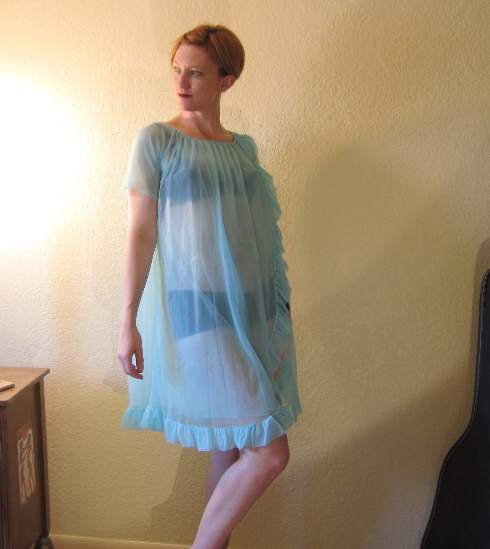 Vintage 60s Sheer Aqua Blue Chiffon Baby Doll Robe with Ruffle. Size S, M.