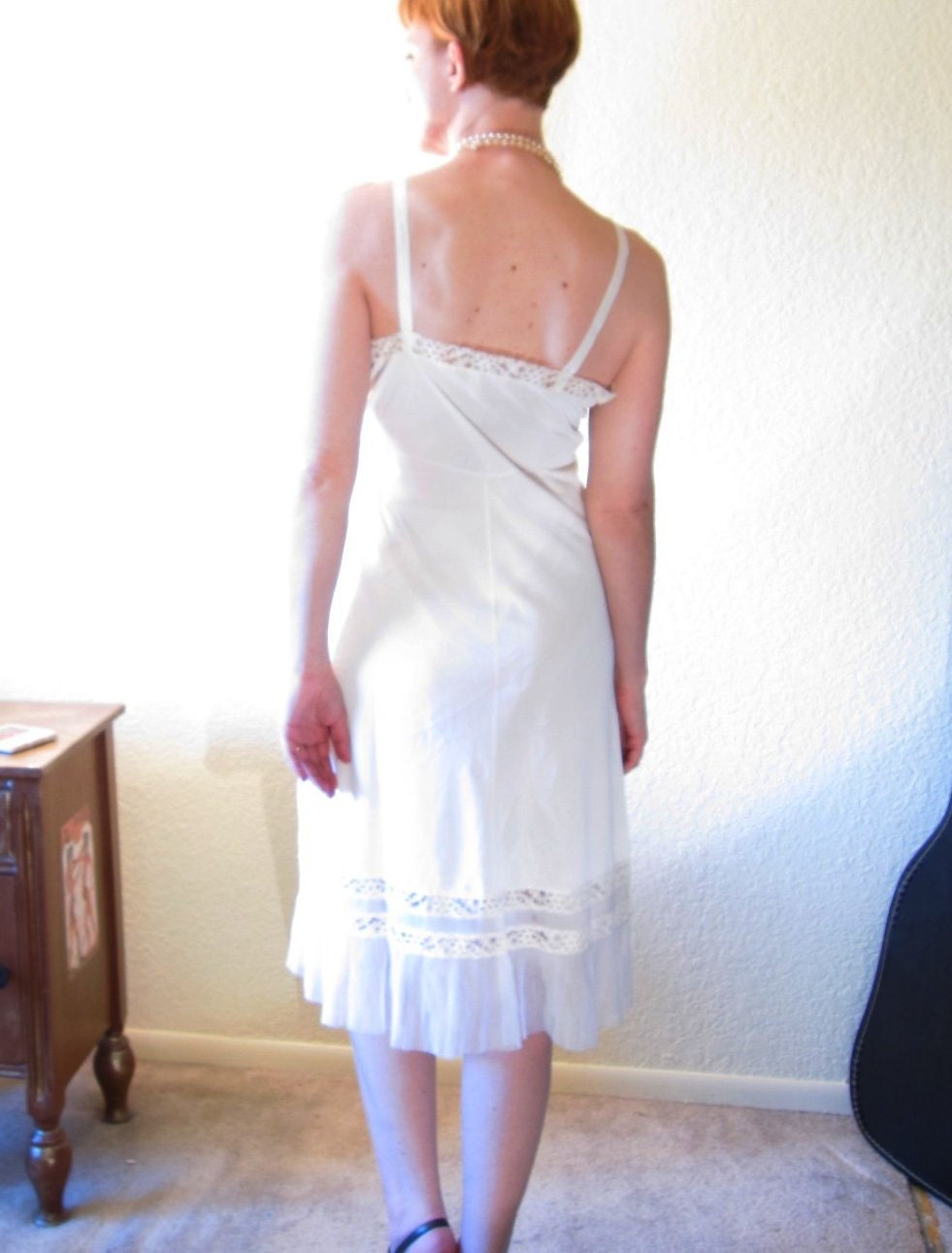 Vintage 50s White Full Slip with Lace and Accordian Pleating. Size M 36 Bust. Cat On A Hot Tin Roof.