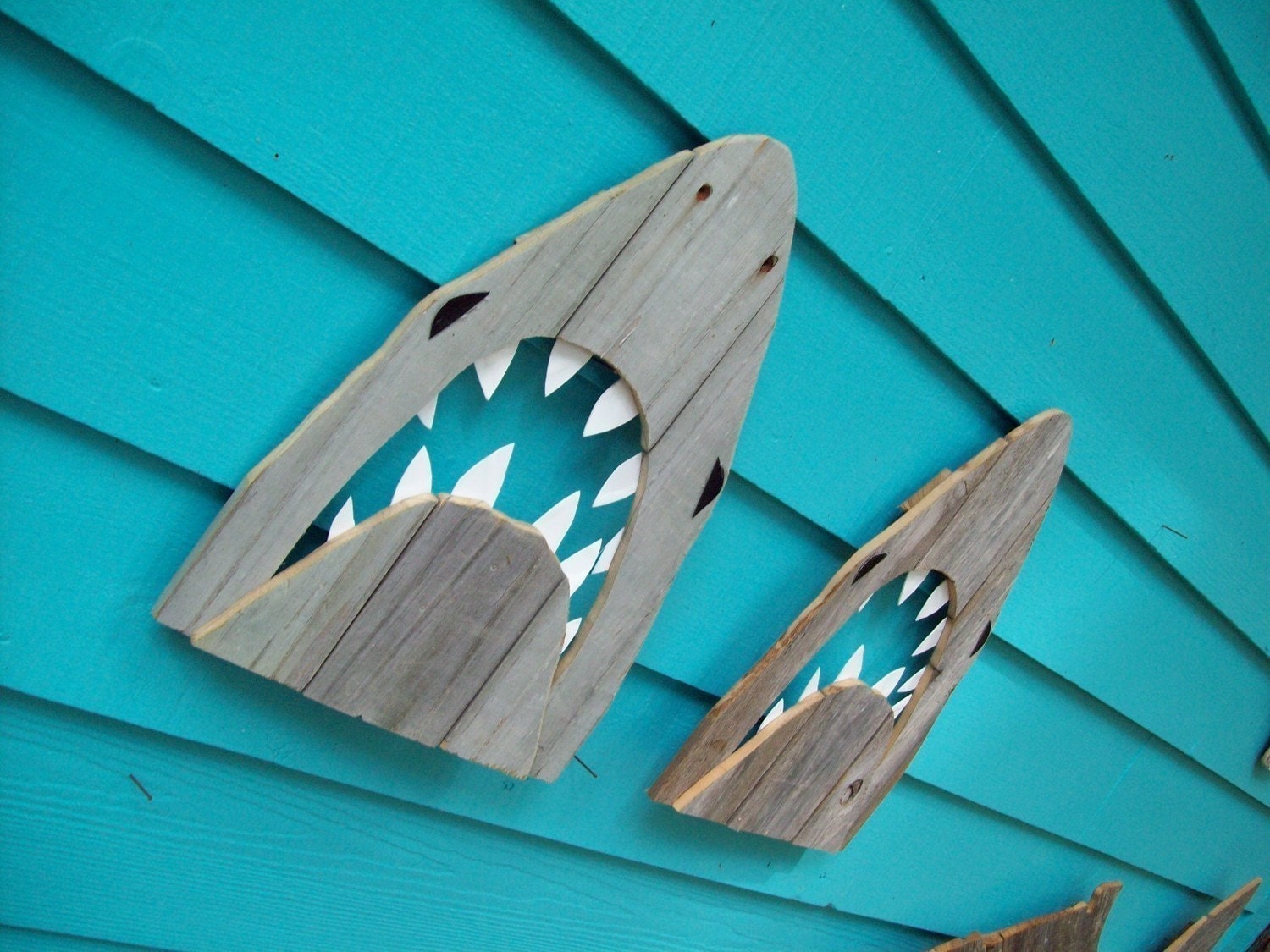 Shark art, made of recycled fence wood. JAWS, Great White, outdoor art