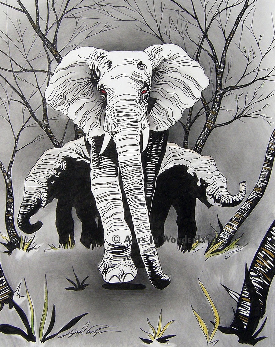A Mothers Love Original Elephants Drawing in Black and White Graphite and Pencil Reproductions Print 11x14